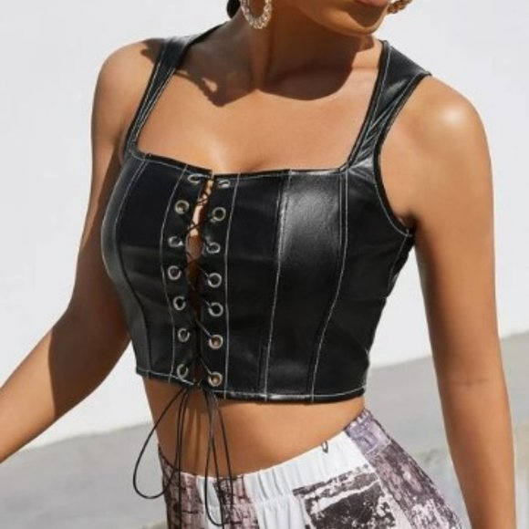 black Vegan Leather Cropped Tank Corset Lace Up Top Overstitching - Picture 3 of 6